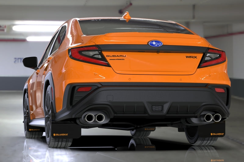 Rally Armor 22–25 Subaru WRX, schwarzer UR-Schmutzfänger, veränderte Schriftart, orangefarbenes Logo