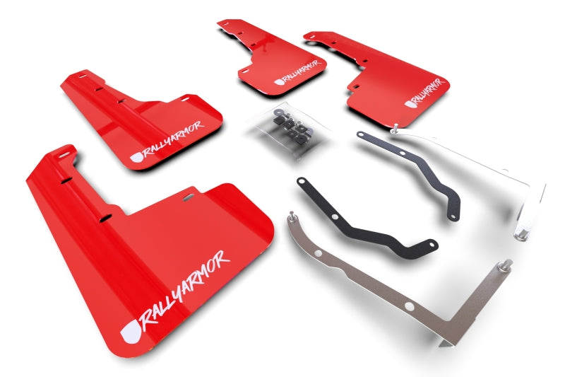 Rally Armor 18–23 Subaru Crosstrek, rote UR-Schmutzfänger – weißes Logo, veränderte Schriftart