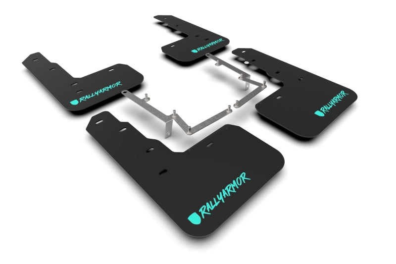 Rally Armor 17-22 Honda Civic Type R Schwarzer UR-Schmutzfänger, veränderte Schriftart, blaugrünes Logo