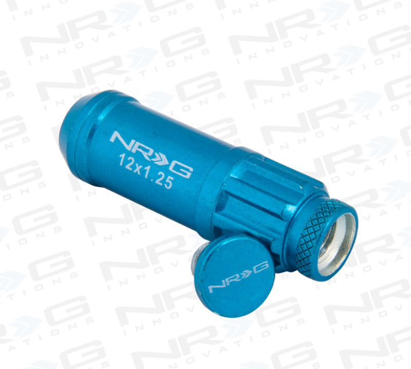 NRG 700 Serie M12 x 1,25 Radmuttern aus Stahl mit Staubkappen-Set, 21-teilig, mit Schlössern und Schlossbuchse – Blau