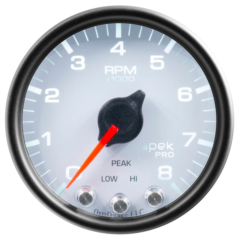 Autometer Spek-Pro Drehzahlmesser, 2 1/16 Zoll, 8.000 U/min, mit Schaltblitz und Spitzenspeicher, weiß/schwarz
