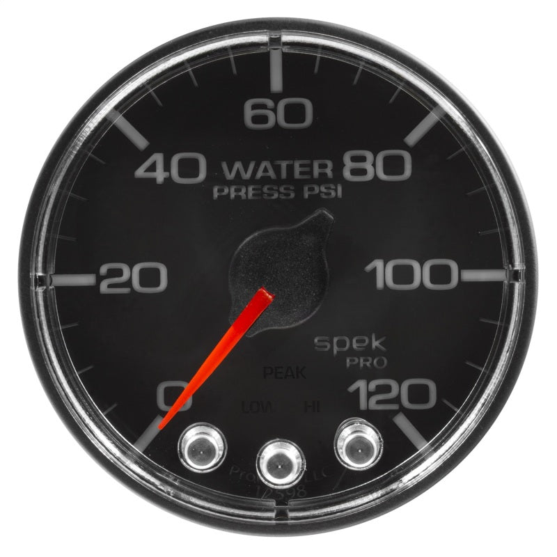 Autometer Spek-Pro Manometer Wasserpresse 2 1/16 Zoll 120 psi Schrittmotor mit Peak & Warn Blk/Chrm