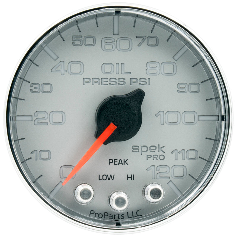 Autometer Spek-Pro Ölpresse-Messgerät, 2 1/16 Zoll, 120 psi, Schrittmotor mit Peak & Warn Slvr/Chrm