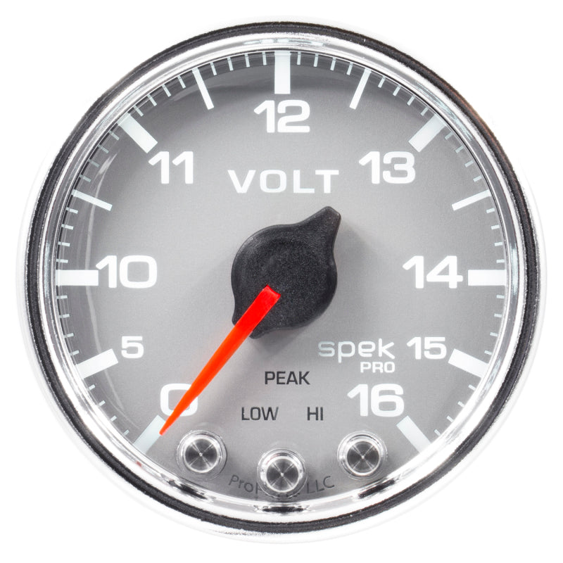 Autometer Spek-Pro Messgerät Voltmeter 2 1/16 Zoll 16 V Schrittmotor mit Peak & Warn Slvr/Chrm