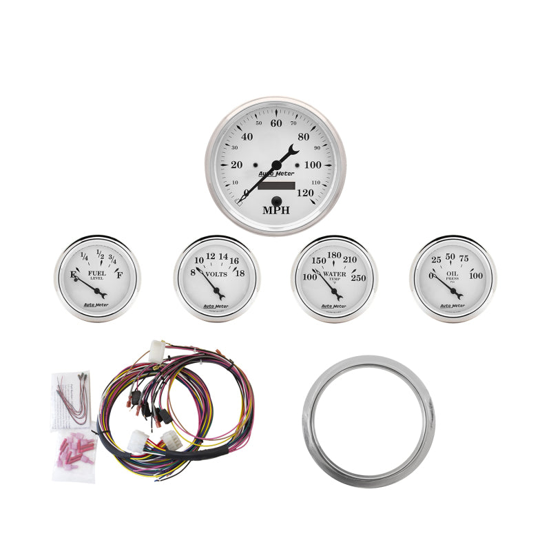 Autometer Old Tyme Weiß 5-teiliges Kit (MPH/FUEL/OILP/WTMP/BAT) 59-60 Chevy Car Direct-Fit Armaturenbrett-Kit
