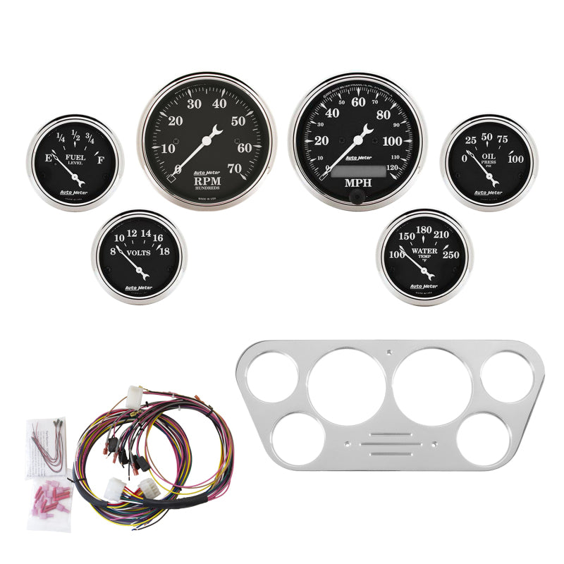 Autometer Old Tyme Schwarzes Messgeräte-Kit, 6-teilig, Ford Truck 53–55, Drehzahl/Meilen/Stunde/Kraftstoff/Öldruck/Whtmp/Volt