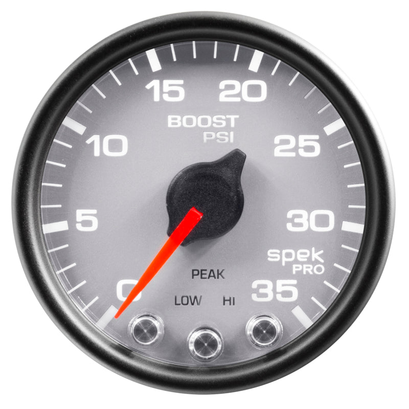 AutoMeter Gauge Boost 2-1/16in. 35PSI Stepper Motor W/Peak & Warn Silver/Blk Spek-Pro