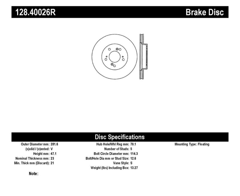 StopTech 97-01 Acura Integra Type R / 97-01 Honda CR-V Drilled Right Front Rotor