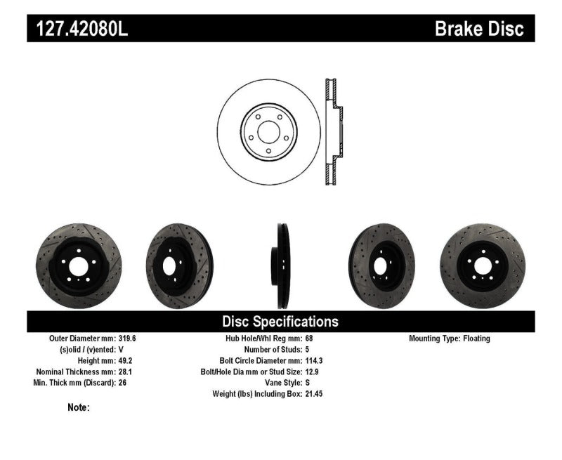 
                      
                        StopTech 06-07 350Z / 05-07 G35 exp Sport/ 06-07 G35X SportStop Slotted & Drilled Front Left Rotor
                      
                    