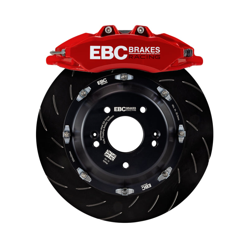 EBC Racing 20–23 Volkswagen Golf R, rote Apollo-6-Bremssättel, 380 mm Rotoren, vorne, großes Bremskit