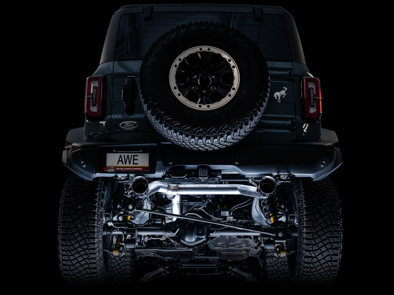 
                      
                        AWE Tuning 2021+ Ford Bronco 0FG Dual Rear Exit Exhaust w/Diamond Black Tips & Bash Guard
                      
                    