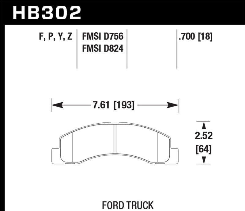 Hawk Performance HB302Z.700 brake pad shape and dimensions — HB302 technical drawing