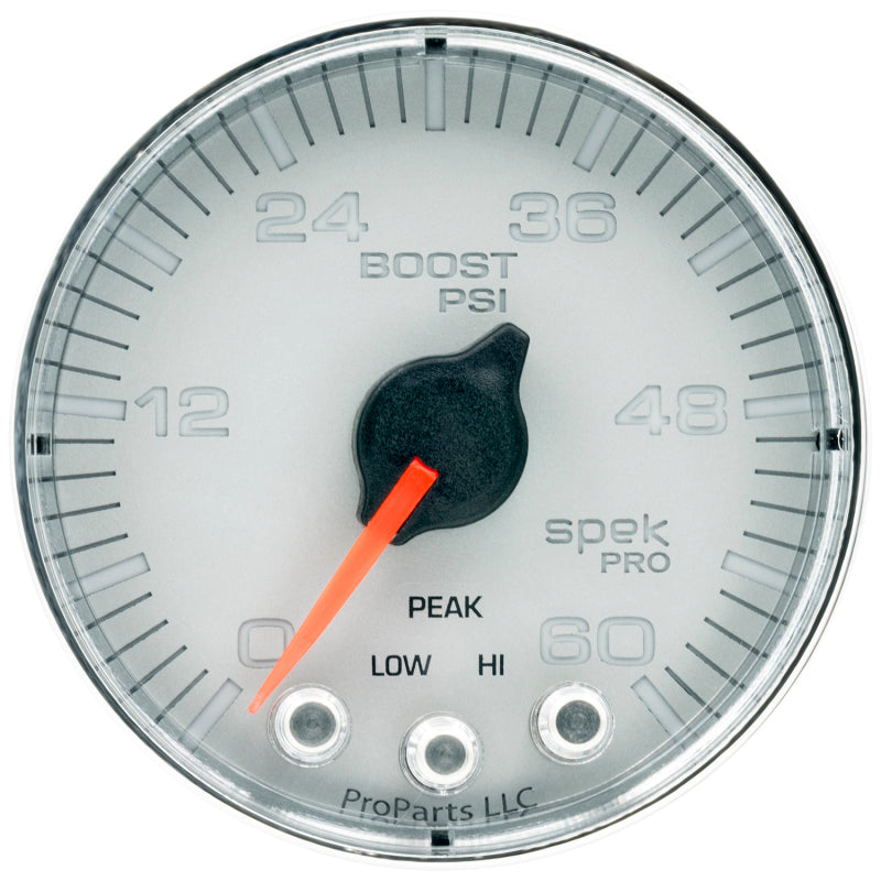 Autometer Spek-Pro Gauge Boost 2 1/16in 60psi Stepper Motor W/Peak & Warn Slvr/Chrm