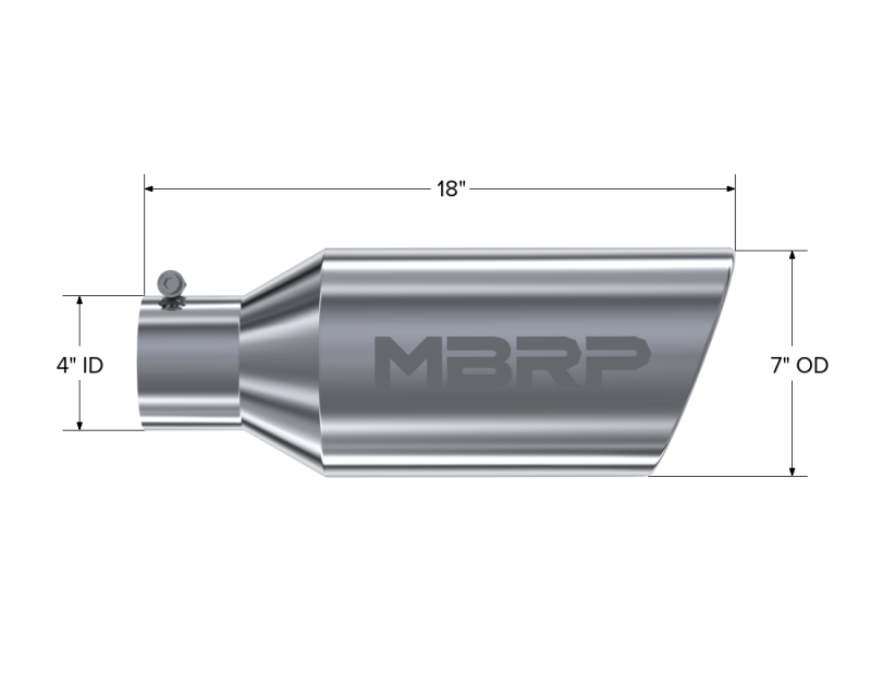 
                      
                        MBRP Universal Tip 7inch O.D. Rolled End 4inch inlet 18inch length - T304 (SINGLE TIP)
                      
                    