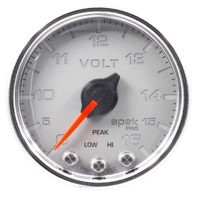 Autometer Spek-Pro Gauge Voltmeter 2 1/16in 16V Stepper Motor W/Peak & Warn Slvr/Chrm