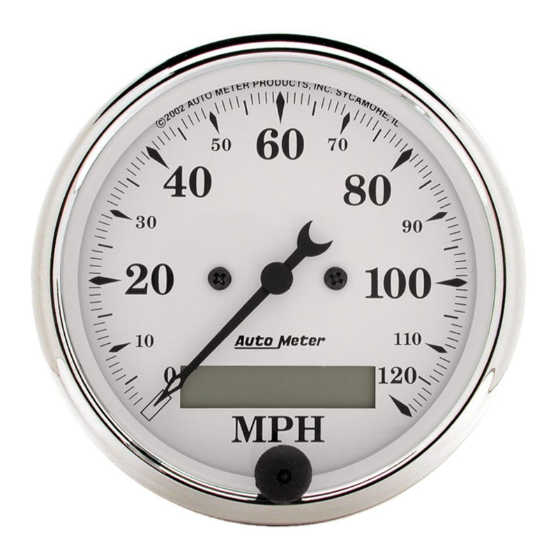 AutoMeter Gauge Speedo. 3-1/8in. 120MPH Elec. Prog. W/ Lcd Odo Old Tyme White