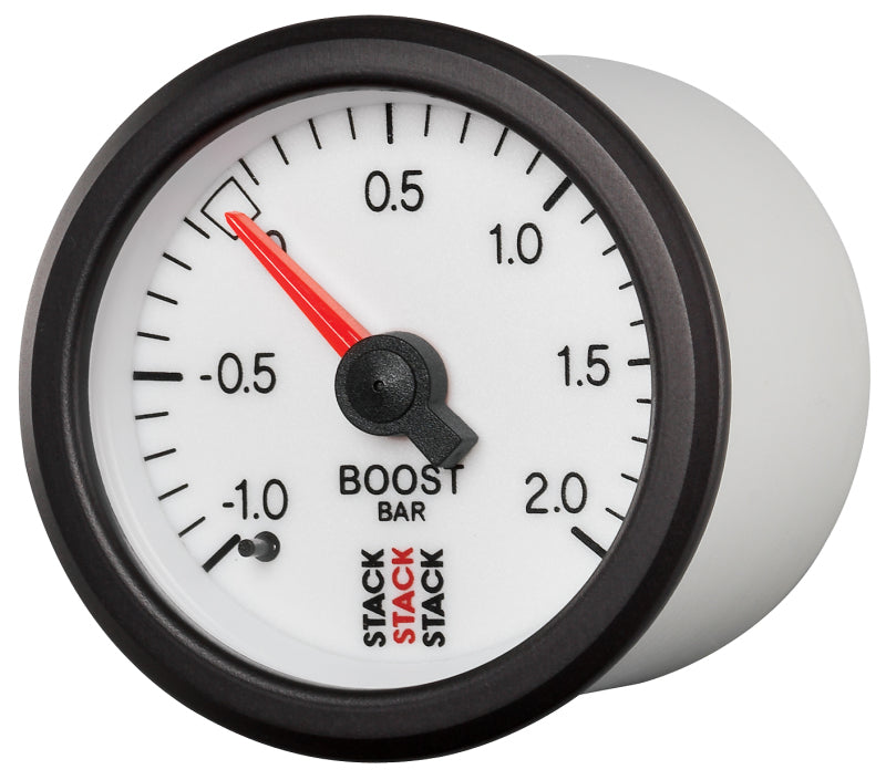 
                      
                        Autometer Stack 52mm -1 to +2 Bar T-Fitting 0.187in Barb (M) Mechanical Boost Pressure Gauge - White
                      
                    