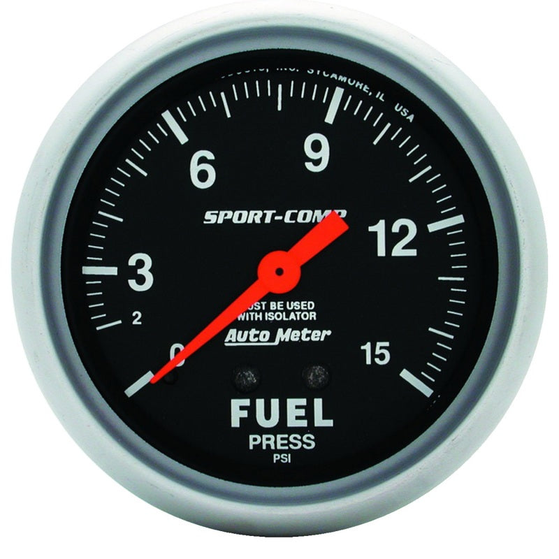 AutoMeter Gauge Fuel Pressure 2-5/8in. 15PSI Mechanical W/Isolator Sport-Comp