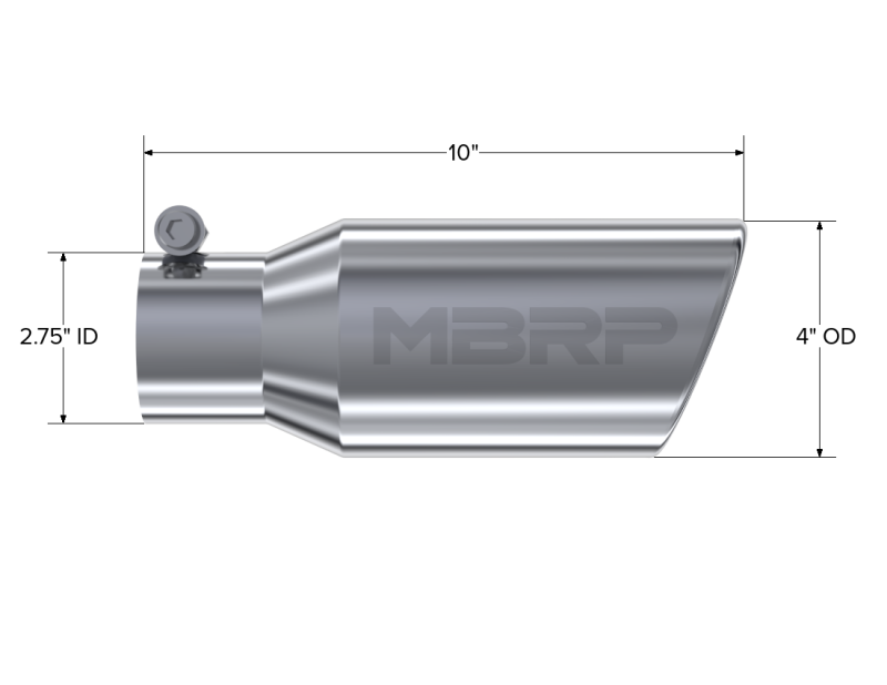 
                      
                        MBRP Universal Tip 4in OD 2.75in Inlet 10in Length Angled Rolled End T304
                      
                    