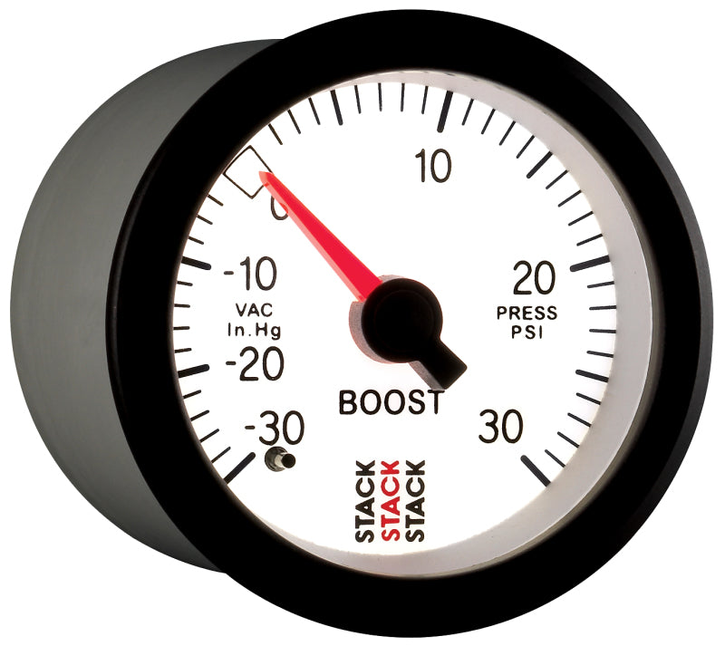 
                      
                        Autometer Stack 52mm -30INHG to +30 PSI (Incl T-Fitting) Mechanical Boost Pressure Gauge - White
                      
                    