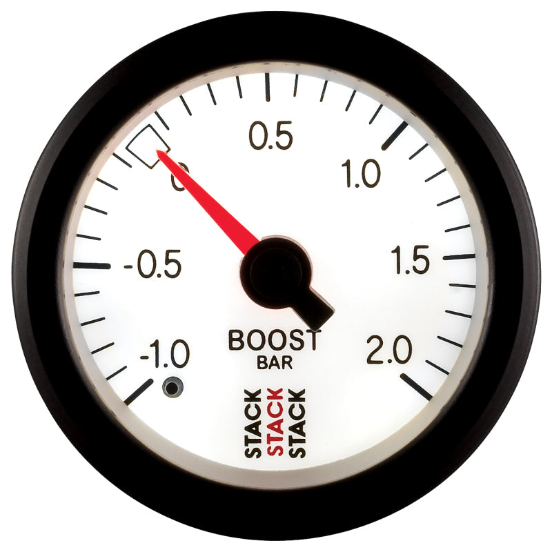 
                      
                        Autometer Stack 52mm -1 to +2 Bar T-Fitting 0.187in Barb (M) Mechanical Boost Pressure Gauge - White
                      
                    