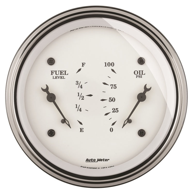 AutoMeter Gauge Dual Fuel & Oilp 3-3/8in. 240 Ohm(e) to 33 Ohm(f) & 100PSI Elec Old Tyme Wht