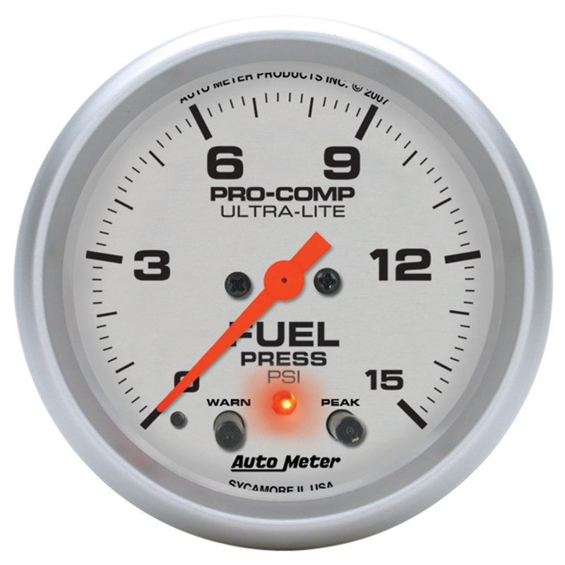 Autometer Ultra-Lite 66.7mm Full Sweep Elec 0-15 PSI Fuel Pressure w/ Peak Memory & Warning Gauge