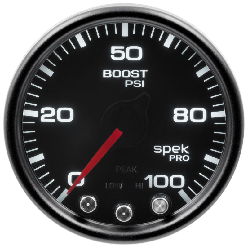 Autometer Spek-Pro Gauge Boost 2 1/16in 100psi Stepper Motor W/Peak & Warn Blk/Smoke/Blk