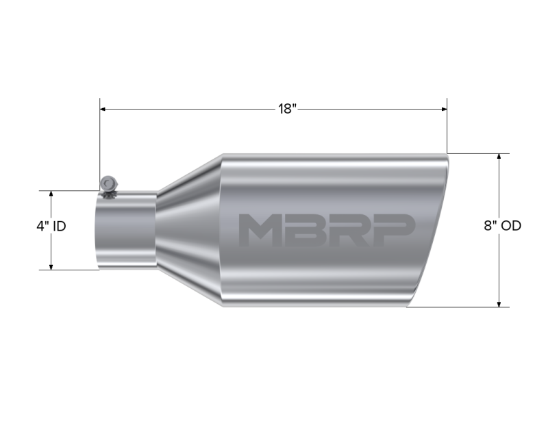 
                      
                        MBRP Universal Tip 8in O.D. Rolled End 4in inlet 18in length T304
                      
                    