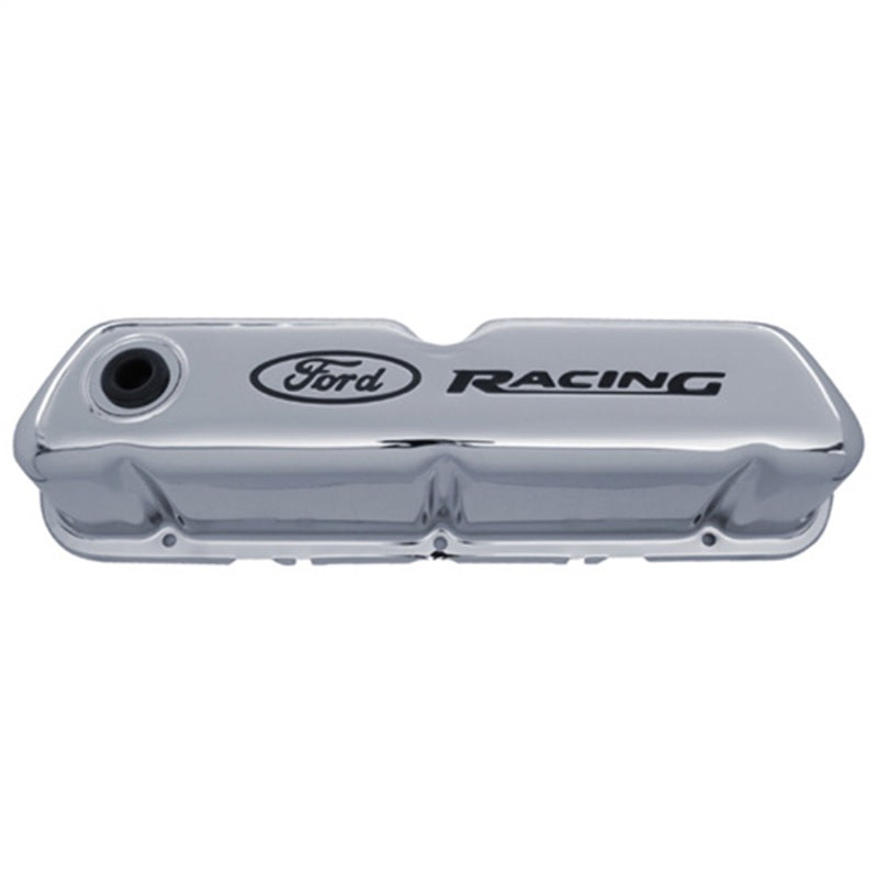 Ventildeckel aus Stahl mit geprägtem Ford Racing-Logo – Chrom