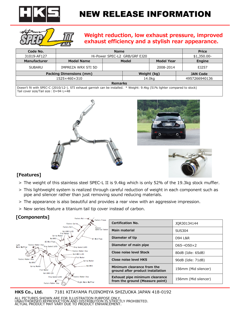 HKS Hi-Power SPEC-L2 GRB/GRF EJ20