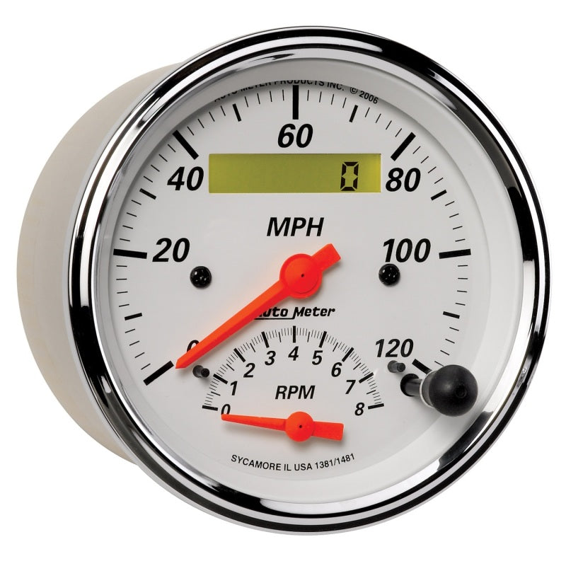 
                      
                        AutoMeter Gauge Tach/Speedo 3-3/8in. 120MPH & 8K RPM Elec. Program. Arctic White
                      
                    