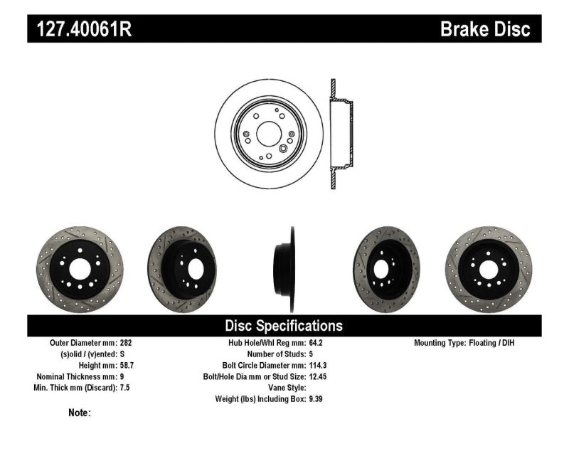 StopTech 04-08 Acura TL / 03-09 honda Element Slotted & Drilled Right Rear Rotor