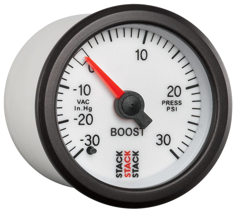 
                      
                        Autometer Stack 52mm -30INHG to +30 PSI (Incl T-Fitting) Mechanical Boost Pressure Gauge - White
                      
                    