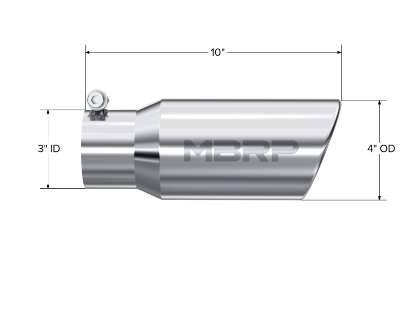 
                      
                        MBRP Universal Tip 4in OD 3in Inlet 10in Length Angled Rolled End T304
                      
                    