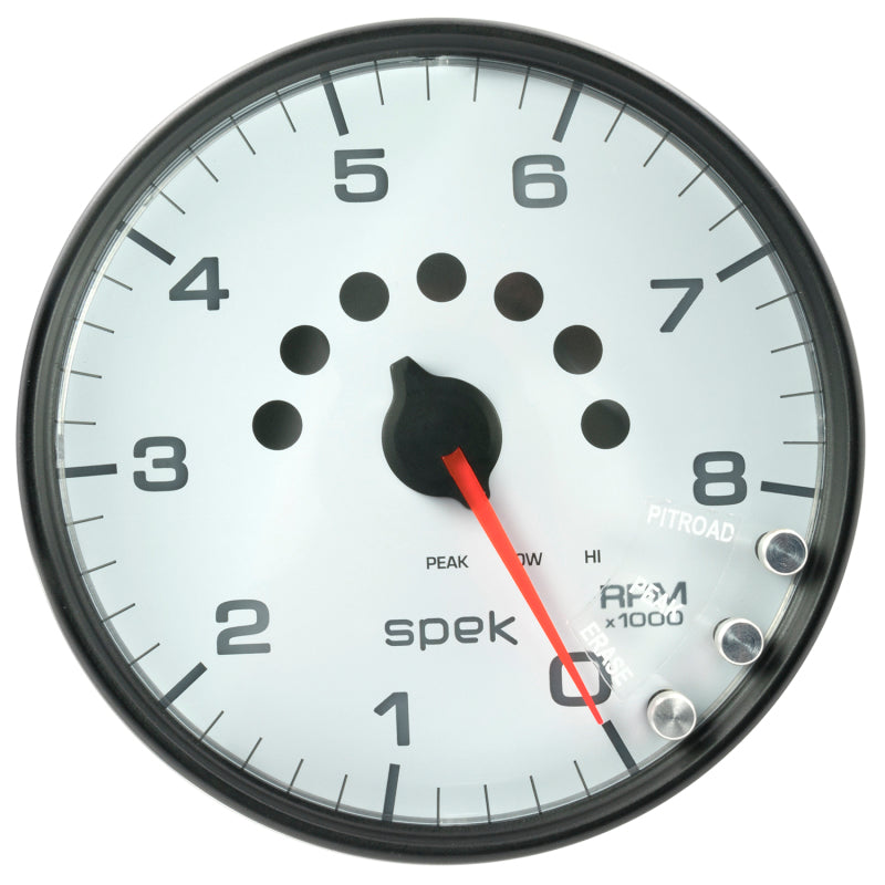 Autometer Spek-Pro Gauge Tachometer 5in 8K Rpm W/Shift Light & Peak Mem White/Black