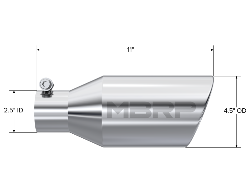 
                      
                        MBRP Universal Tip 4.5 O.D. Angle Rolled End 2.5 Inlet 11in Length - T304
                      
                    