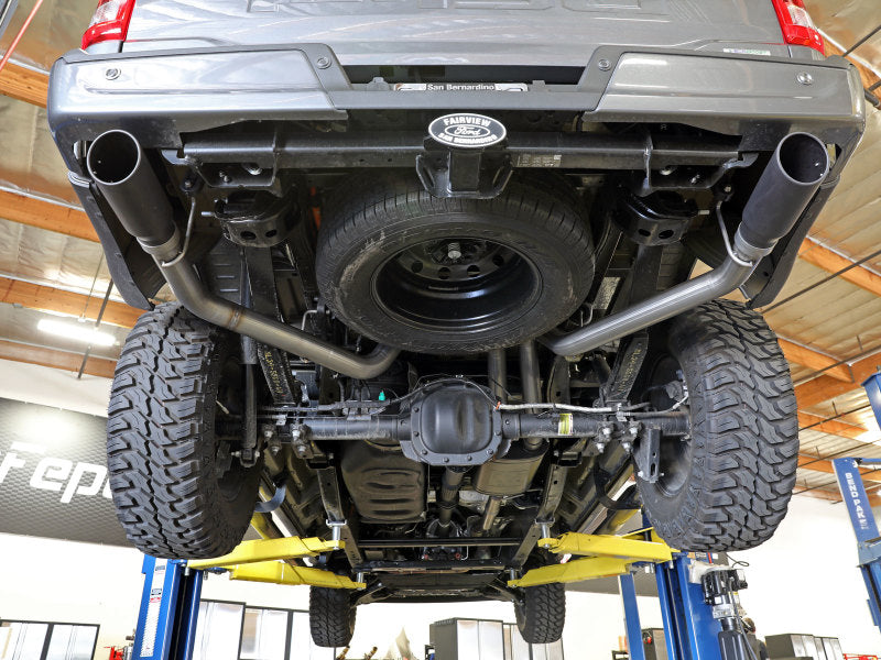aFe Vulcan 3in 304 SS Cat-Back Exhaust 2021 Ford F-150 V6 2.7L/3.5L (tt)/V8 5.0L z czarnymi końcówkami