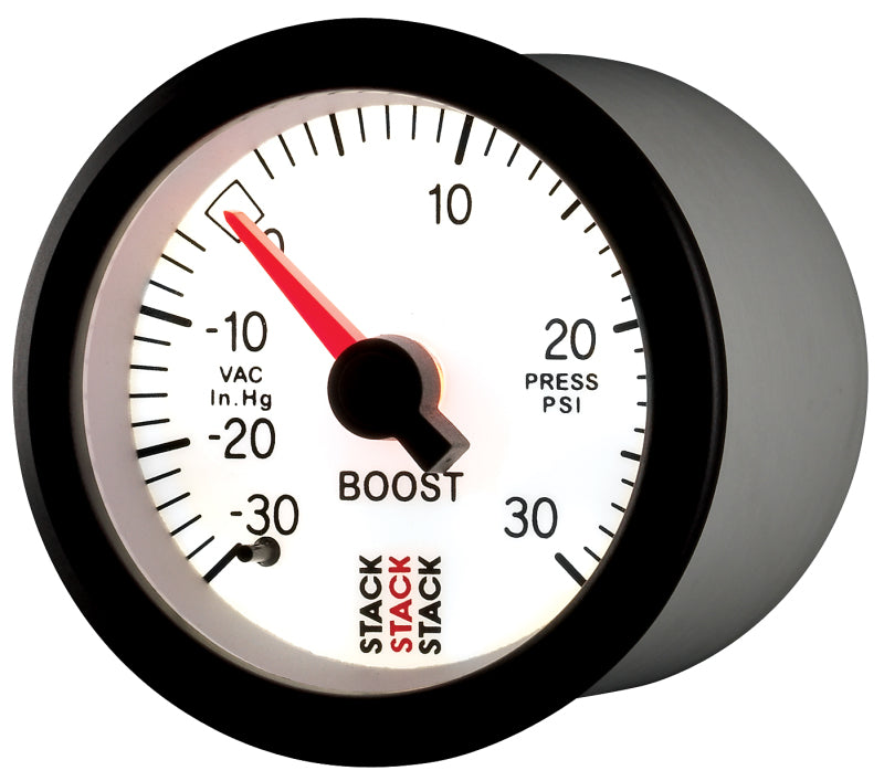 
                      
                        Autometer Stack 52mm -30INHG to +30 PSI (Incl T-Fitting) Mechanical Boost Pressure Gauge - White
                      
                    