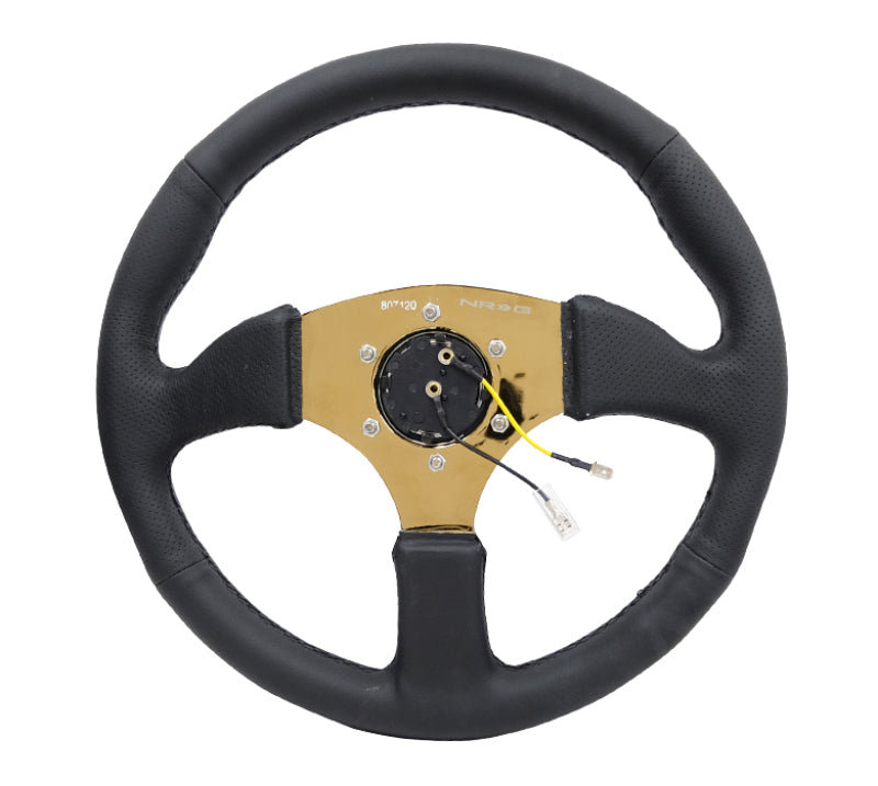 
                      
                        NRG Reinforced Steering Wheel (350mm / 2.5in. Deep) Leather Race Comfort Grip w/4mm Gold Spokes
                      
                    