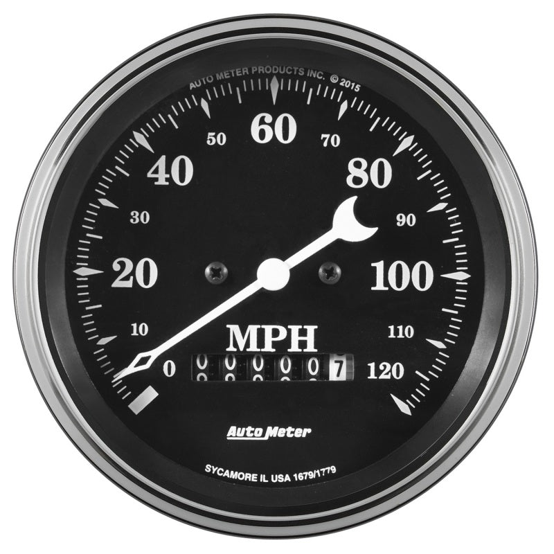 Auto Meter Gauge Speedo. 3 3/8in 120mph Elec. Prog. w/ Wheel Odo Old Tyme Black