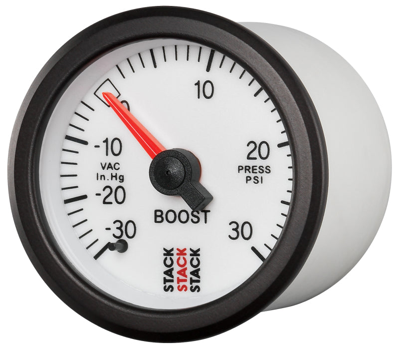 
                      
                        Autometer Stack 52mm -30INHG to +30 PSI (Incl T-Fitting) Mechanical Boost Pressure Gauge - White
                      
                    