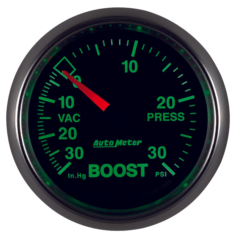 
                      
                        Autometer GS 52mm 30 In Hg.-Vac/30 PSI Mechanical Vacuum/Boost Gauge
                      
                    